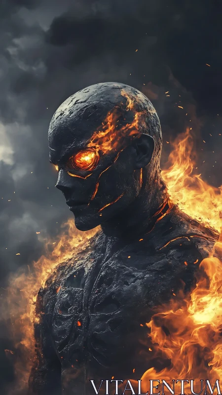 Volcanic humanoid inferno with molten eyes amid storm clouds