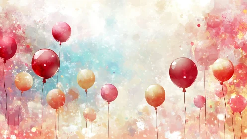 Digital render of floating balloons against soft watercolor gradient background.