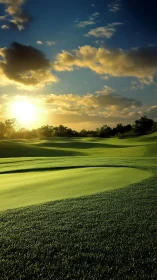 Sunlit golf fairway with sculpted greens and long shadows.