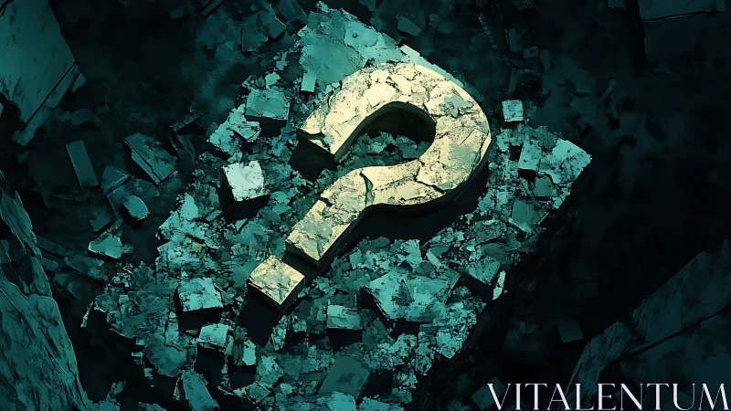 Mystery glows gently from a cracked question mark in ruins