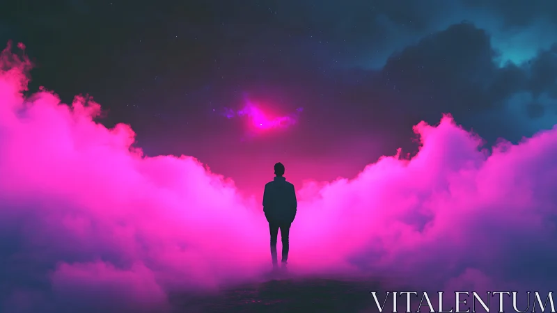 Silhouette stands in neon pink fog under dark starry sky.