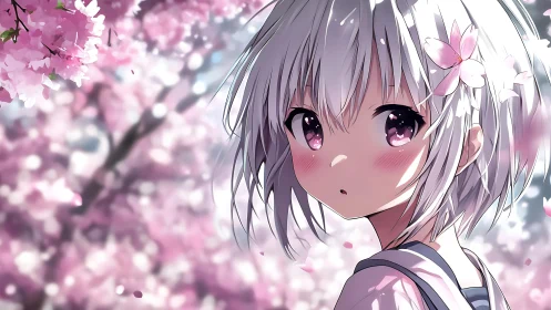 Anime girl with white hair stands amid blooming cherry blossoms