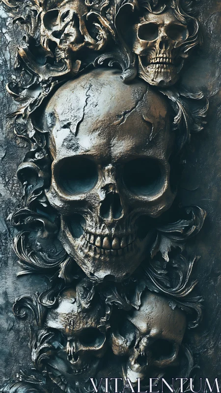 Bronze skull relief sculpture captures dark, baroque drama