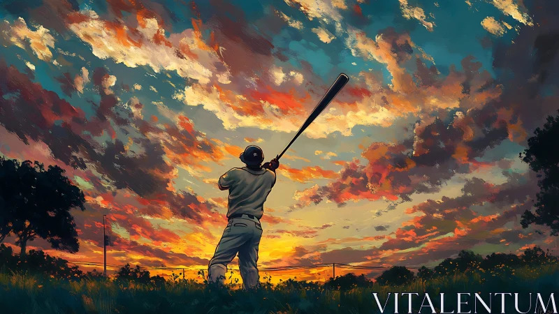 Baseball player silhouette under dramatic sunset sky painting.