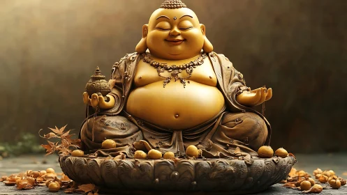 Golden seated Buddha statue amid autumn leaves on base.