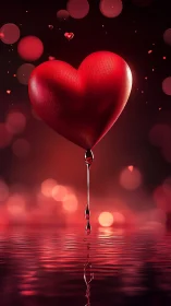 Large red heart-shaped form suspended above water surface