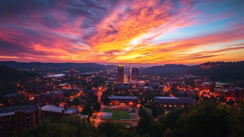 Panoramic cityscape captures illuminated downtown at vivid sunset