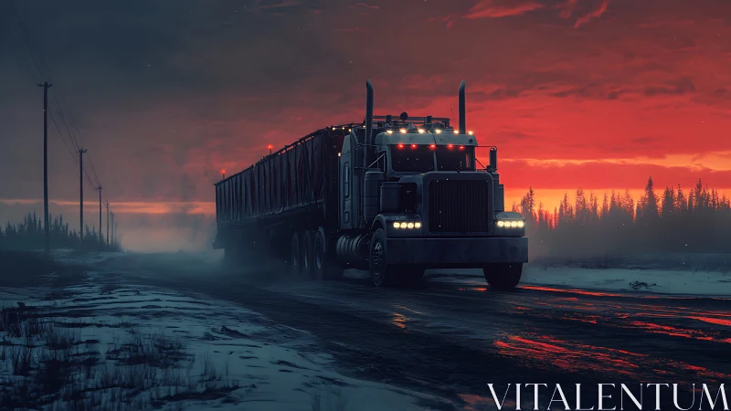 Freight truck powers through icy highway under red sunset.