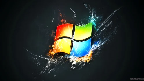 Exploding Windows logo with fiery and icy energy effects.