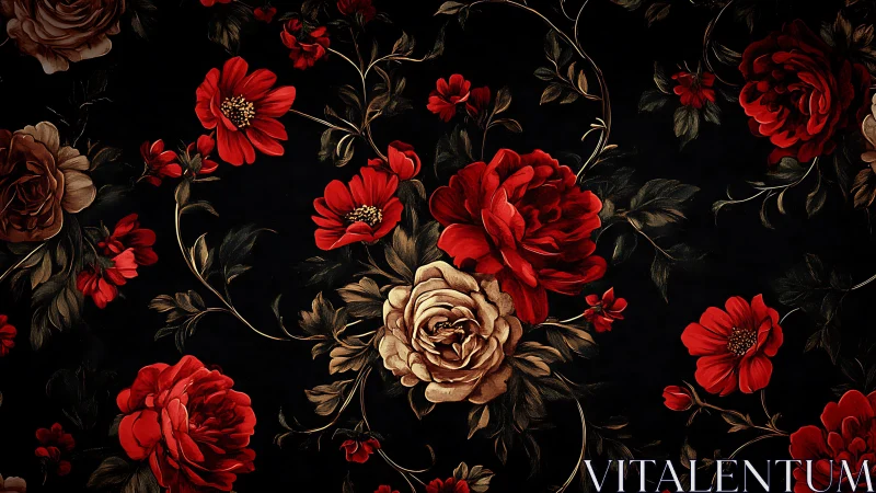 Dark Background Floral Composition with Red Peonies and Gold Roses