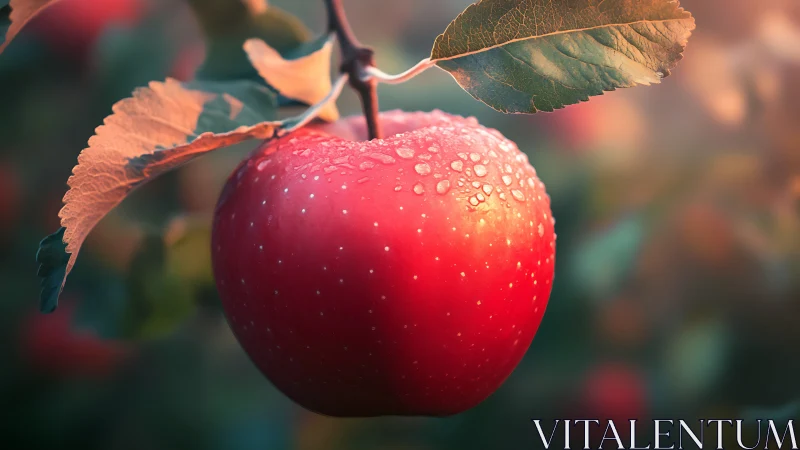 Ripe red apple glows with morning dew and soft bokeh.