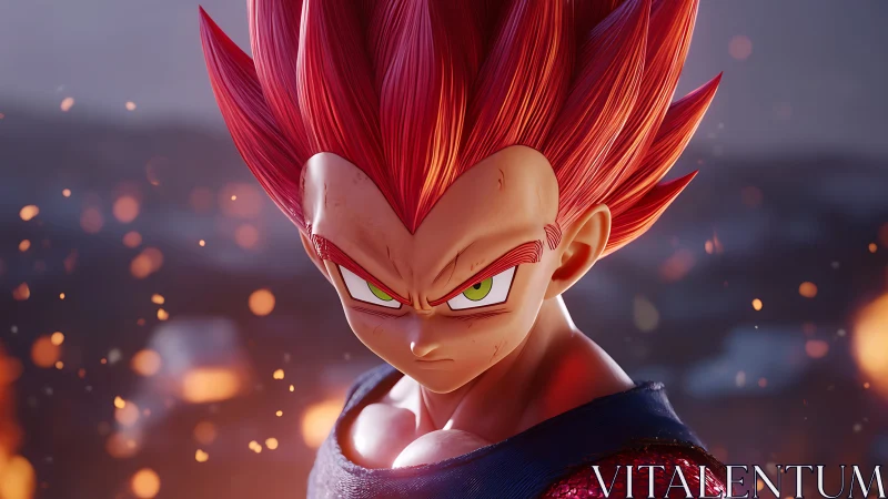 Red haired anime warrior rendered in detailed 3D closeup