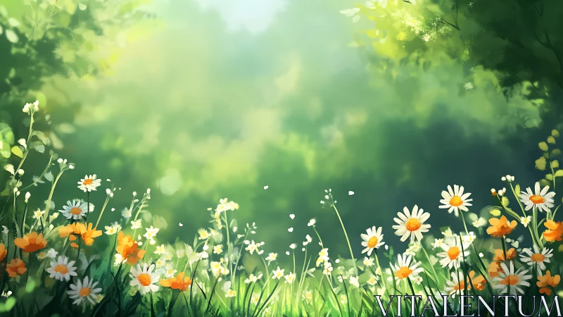 Sunlit meadow of gentle wildflowers in a soft green glow.