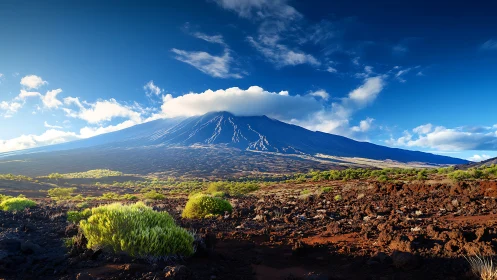 Shield volcano summit with cloud cap above lava scrub plain