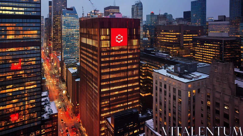 Night city skyline with illuminated red corporate tower.