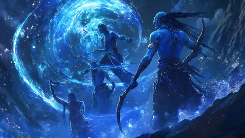 Blue humanoid warriors near glowing vortex in rocky landscape.