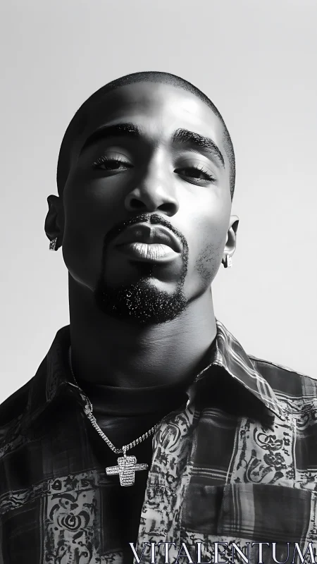 High-contrast monochrome portrait with jewelry and patterned shirt.