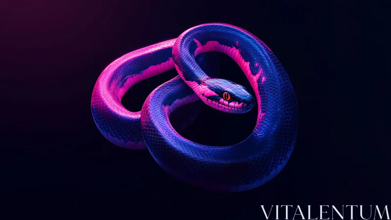 Neon-lit coiled serpent rendered in high-contrast digital lighting