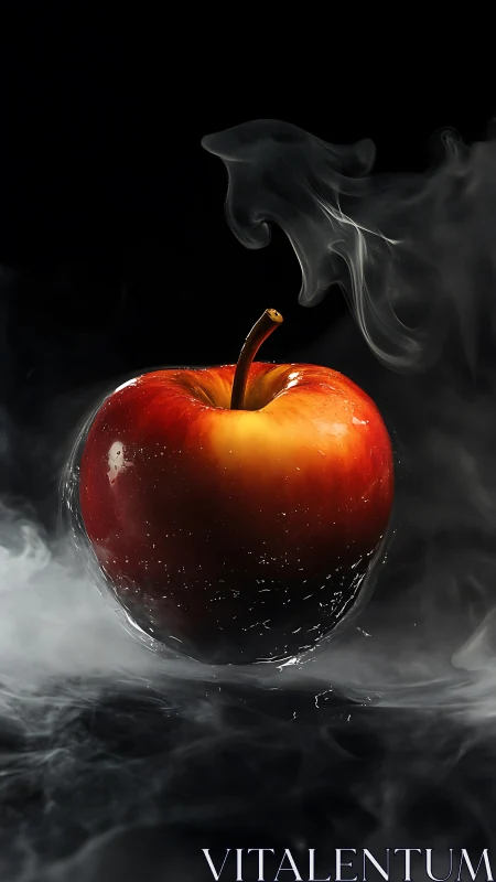 Moody red apple with swirling smoke on black background.