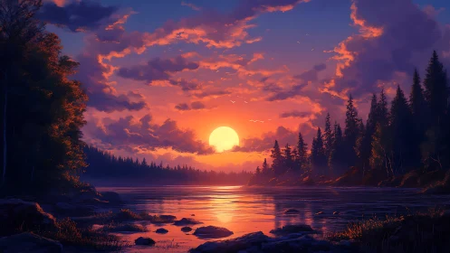 Sunset glows over tranquil forest lake in vivid twilight hues