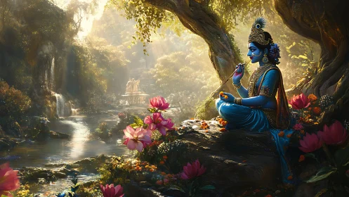 Blue-skinned figure sits by a forest stream playing flute