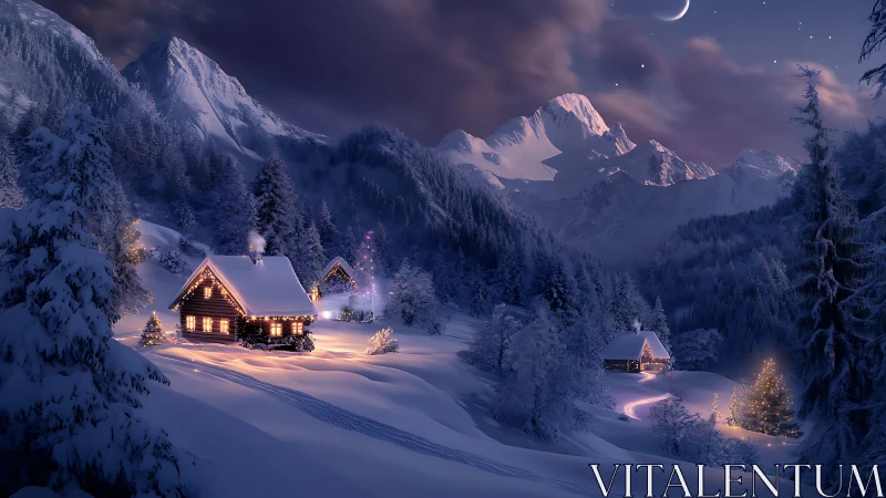 Snow-laden alpine cabins glow under a crescent winter night
