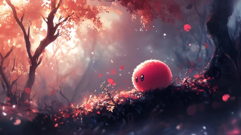 Fluffy red creature in ethereal autumn forest glow.