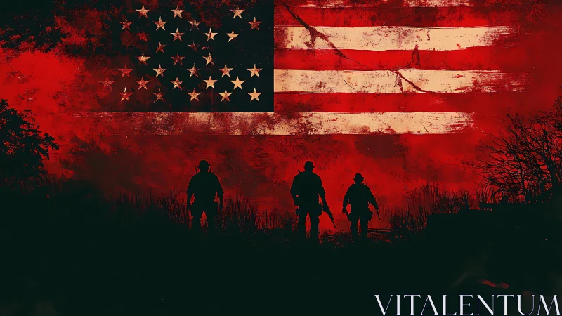Silhouetted soldiers below distressed United States flag.