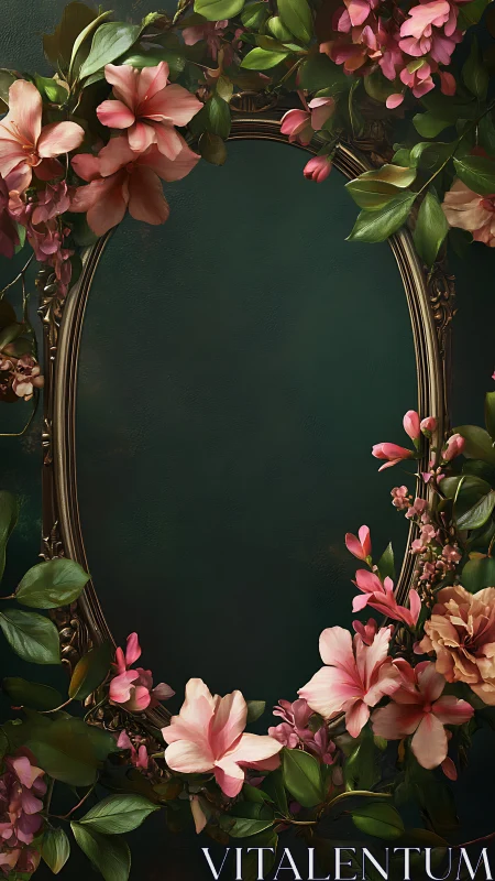 Oval brass frame encircled by high-detail pink floral garland