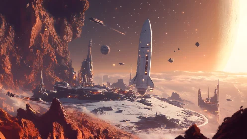 Futuristic spaceport rises above a glowing alien frontier