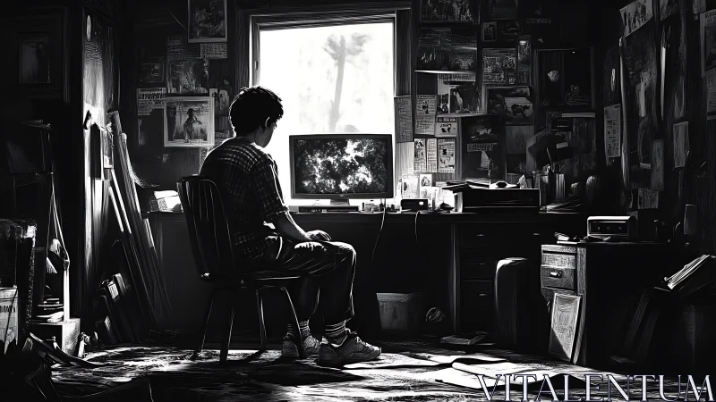Solitary gamer in monochrome bedroom studio interior.