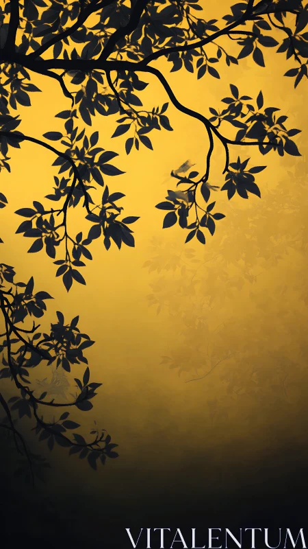 Silhouetted tree branches against graded yellow background.