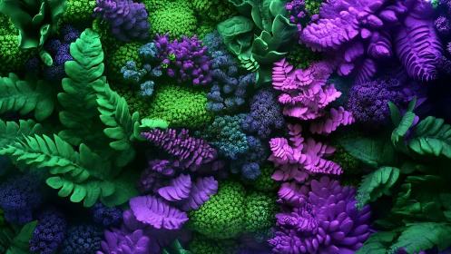 Complex organic forms display structured green and violet clusters