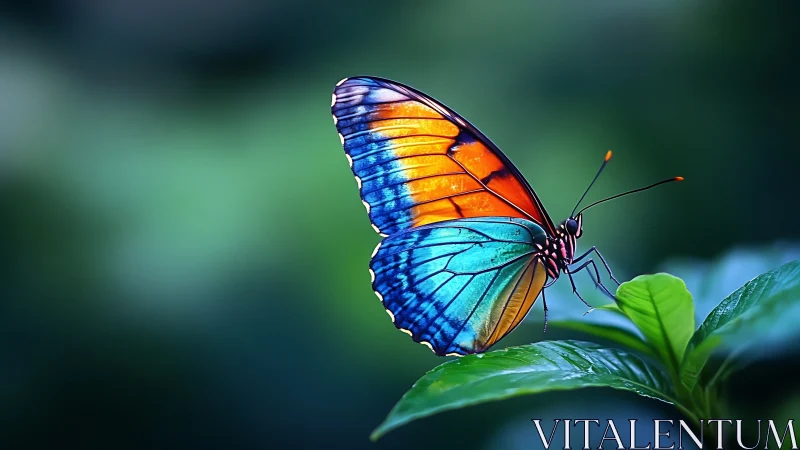 Vivid blue and orange butterfly on fresh green leaf.