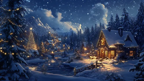 Snowy alpine village glowing with festive winter lights.