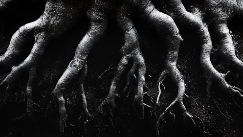 Twisting tree roots reaching through earth in quiet strength.