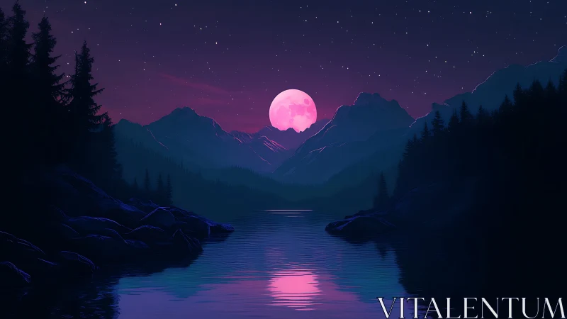 Neon magenta moonrise over conifer lake in alpine valley