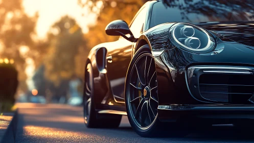 Black sports coupe reflects warm sunset along quiet street