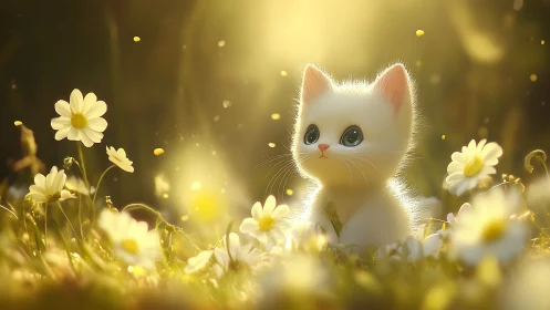 White kitten in golden daisy field with ethereal glow.