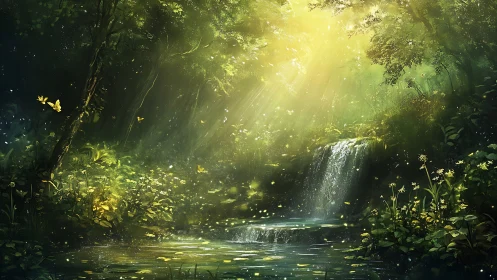 Sunlit forest waterfall where quiet magic feels close.