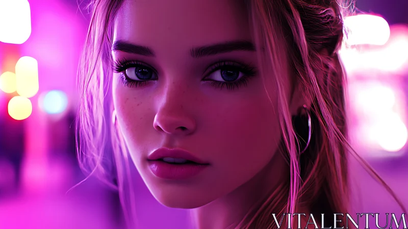 Neon city glow frames a thoughtful young woman’s quiet gaze