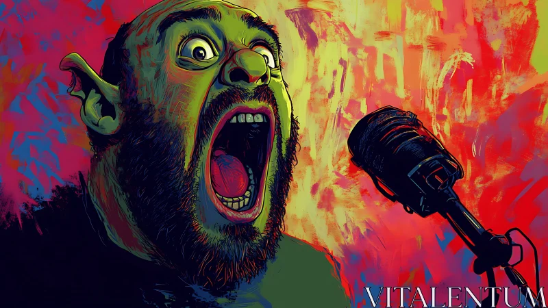 Digital scream portrait against vivid abstract backdrop.