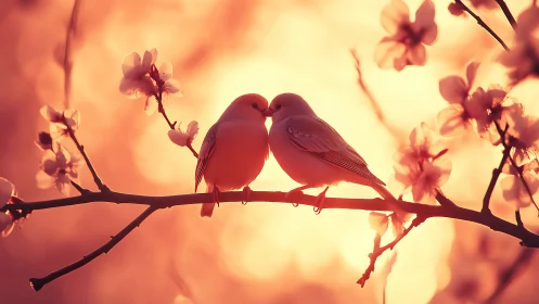 Two red birds facing on branch with bloom flowers surrounding them