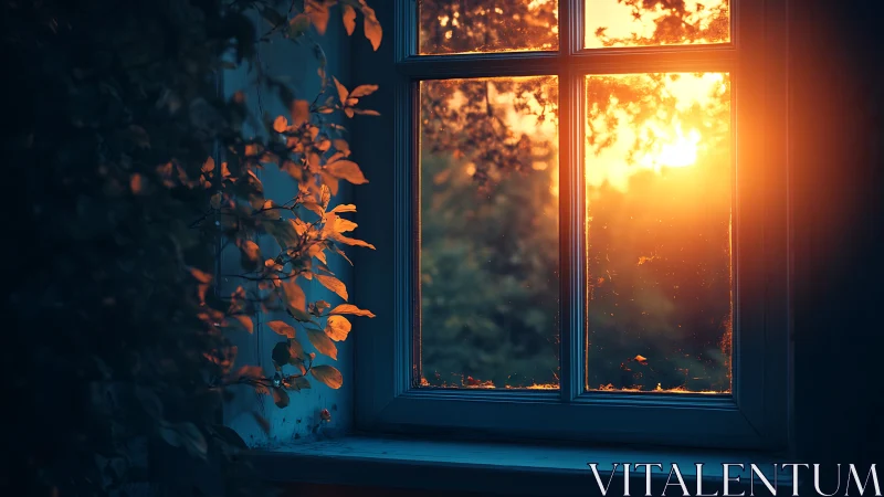 Backlit window foliage captures warm sunset diffusion and dust