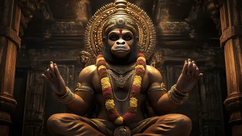 Radiant monkey deity in tranquil golden temple glow.