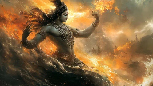 Mythic deity in elemental storm, cinematic digital painting.