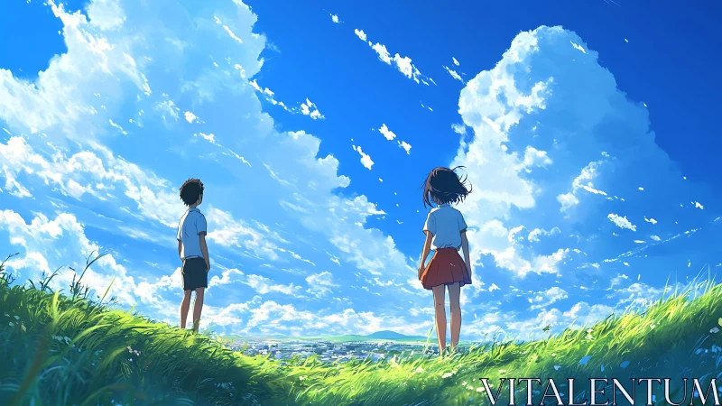 Two students on grassy hill under expansive summer sky.