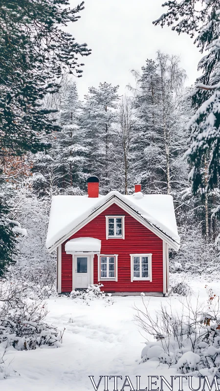 Red wooden house stands in snowy forest clearing in winter