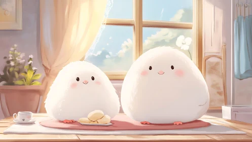 Soft white mascots at sunlit breakfast table setting.