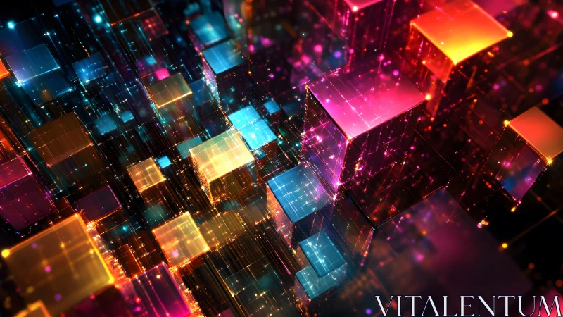 Vibrant 3D Abstract Cubes in Neon Colors, Digital Art Style.